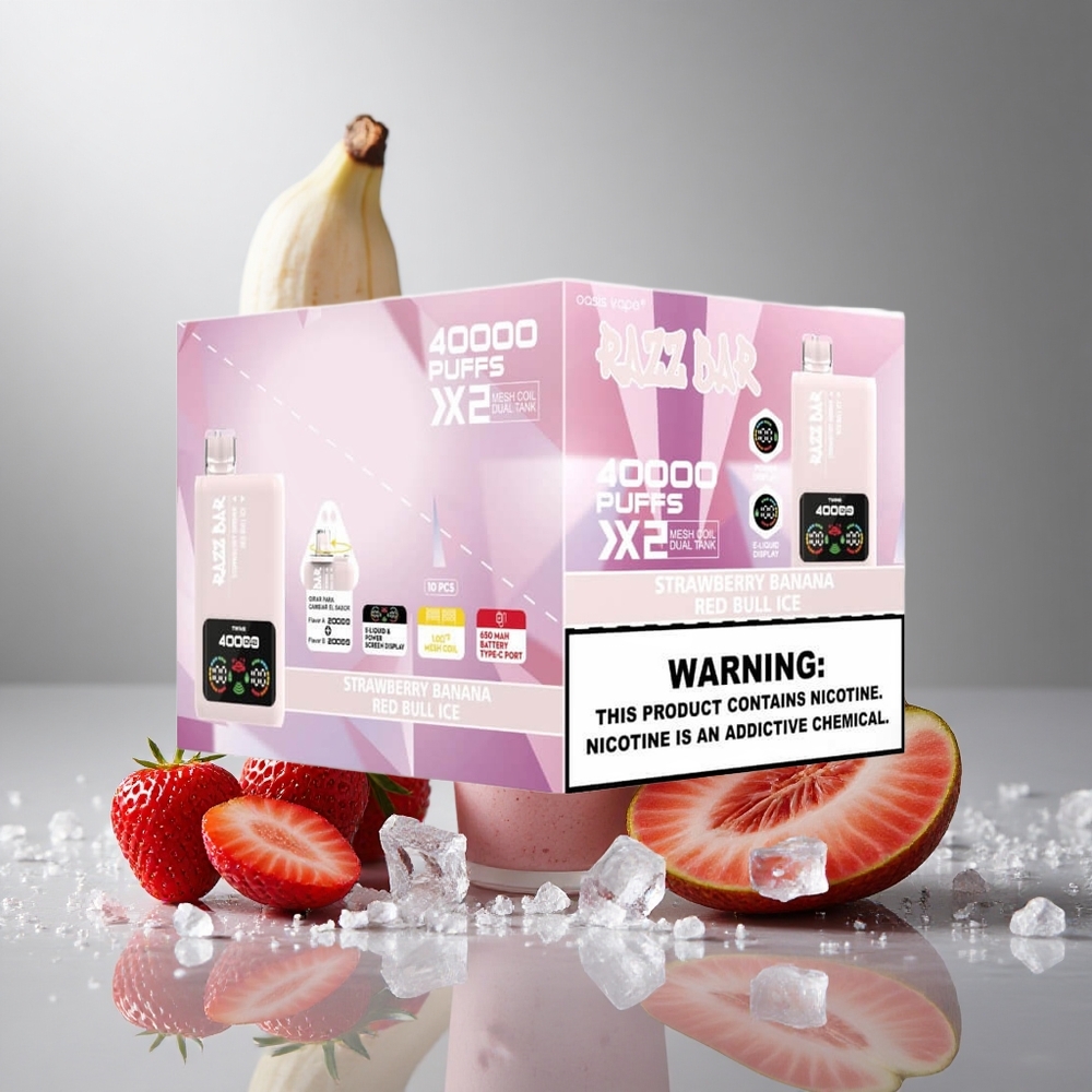 Razz Bar 40000 Пуфове Еднократна вейп Ягода Банан_Червен Бык Лед
